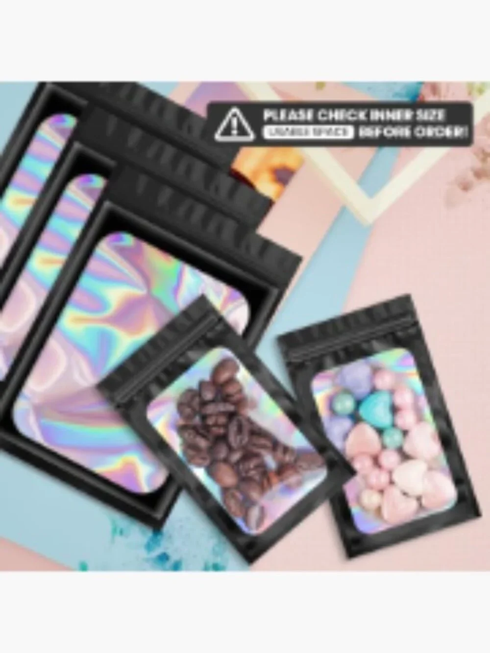 100ct Mylar Holographic Packaging Bags Resealable Foil Pouch Food Storage